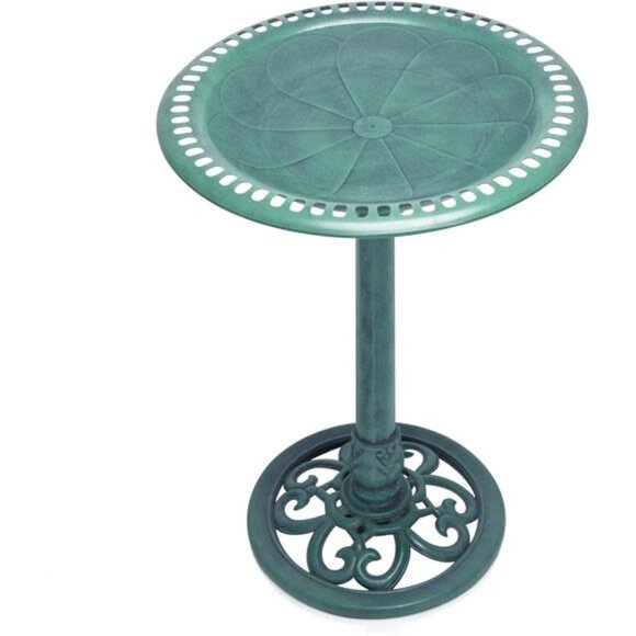 Outdoor Aged Green Pedestal Birdbath with Scrollwork - Picture 6 of 7